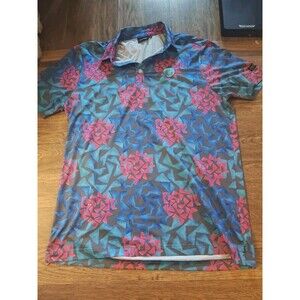 Sunday Swagger Polo Shirt Men's Medium Blue Golf Performance Geometric Roses